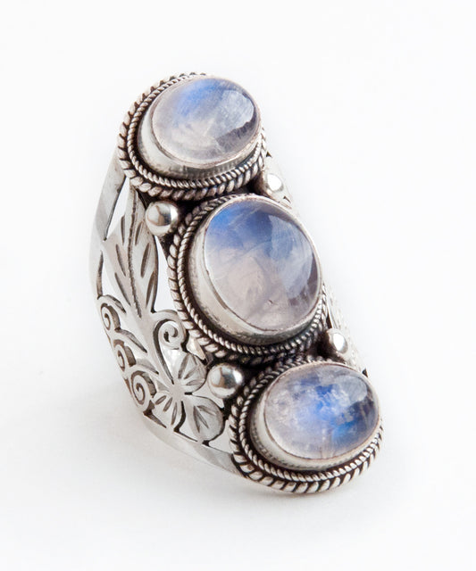 Tri-Stone Silver Ring - Moonstone