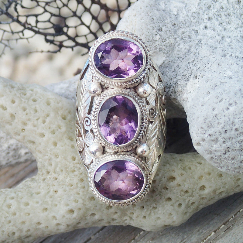 Tri-Stone Amethyst Ring