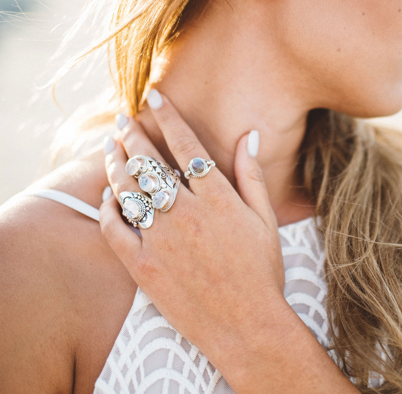 Tri-Stone Silver Ring - Moonstone